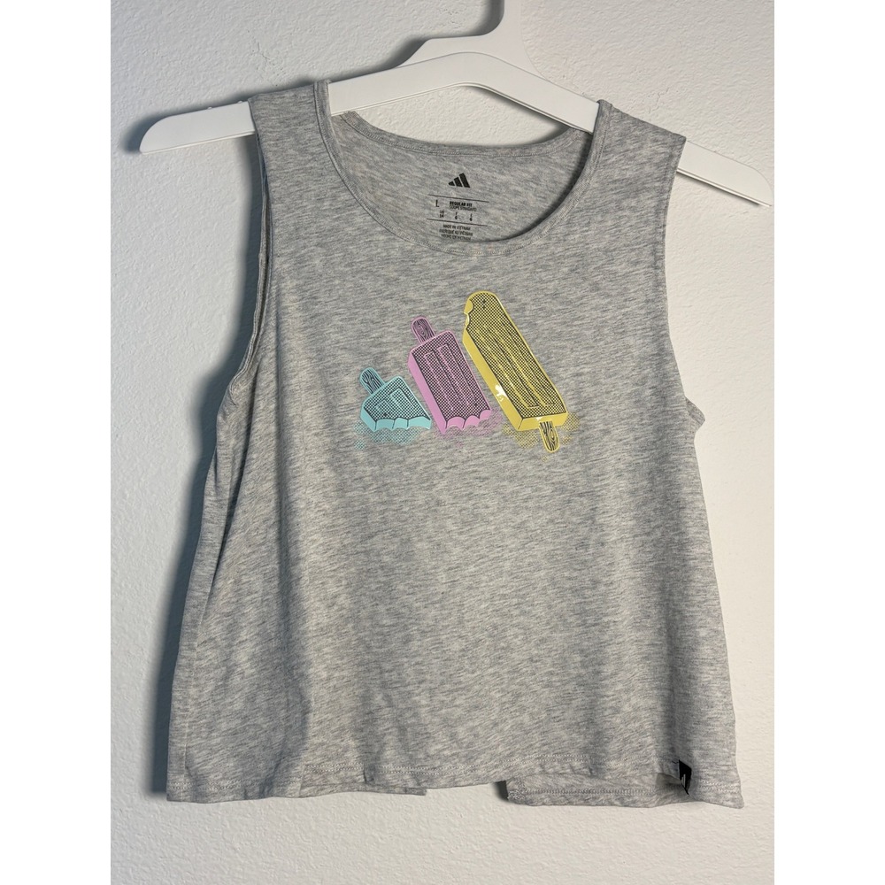 Adidas Girls Gray Popsicle Graphic Tank Top Split Back Sleeveless Shirt L 14